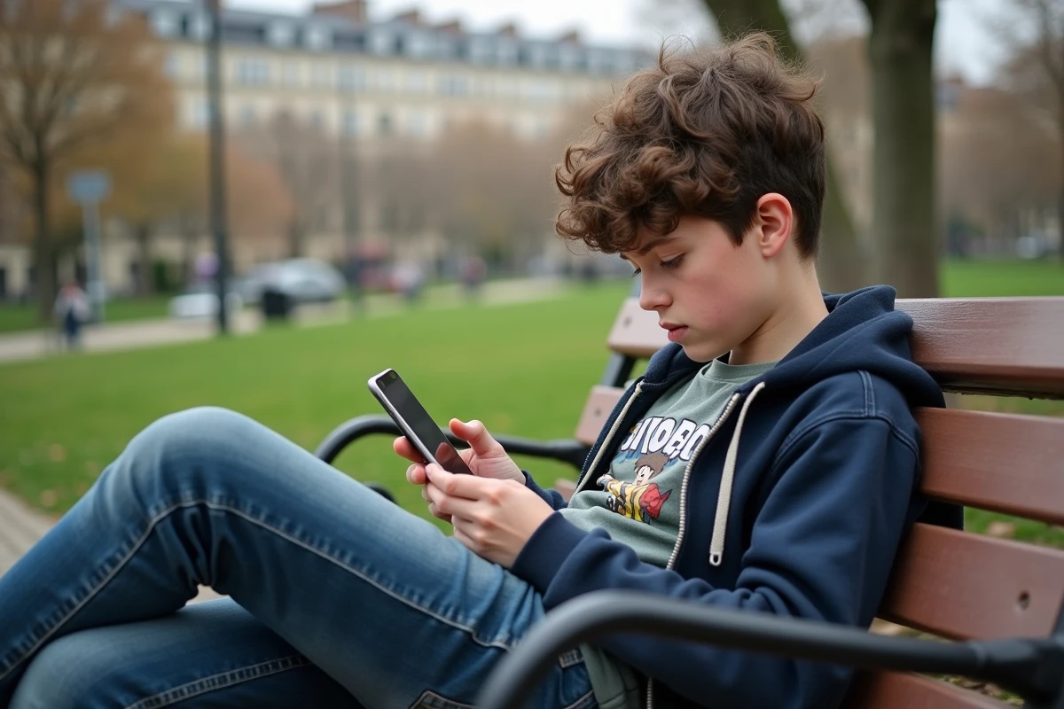 Adolescent lisant manga sur smartphone dans un parc en plein air