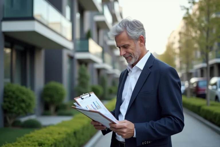 Agent immobilier consultant des graphiques de prix devant un immeuble résidentiel moderne en ville