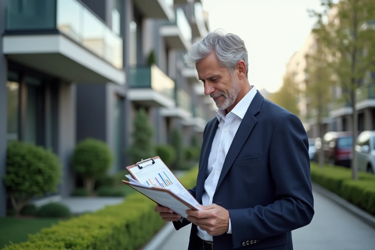 Agent immobilier consultant des graphiques de prix devant un immeuble résidentiel moderne en ville