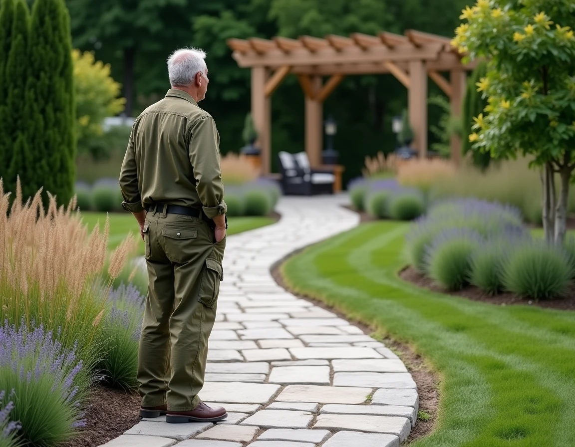 Jardin aménagé sur mesure avec allée en pierre courbe, bordure de lavande et pergola en bois