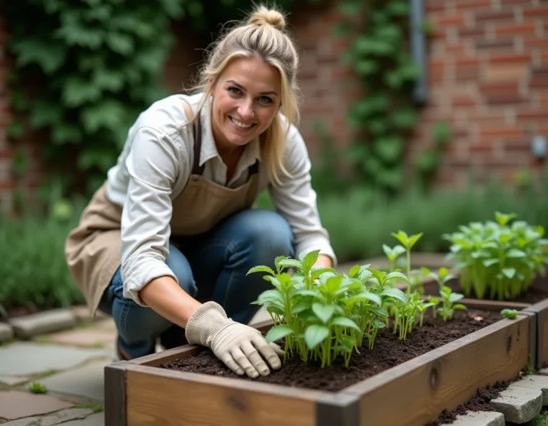 Femme aménageant un potager surélevé en bois dans un jardin résidentiel avec mur en briques et lierre