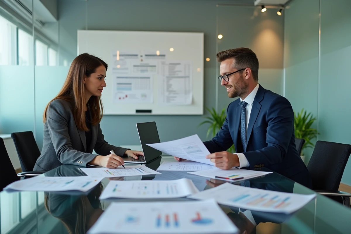Deux professionnels analysant des documents d'évaluation de biens en salle de réunion