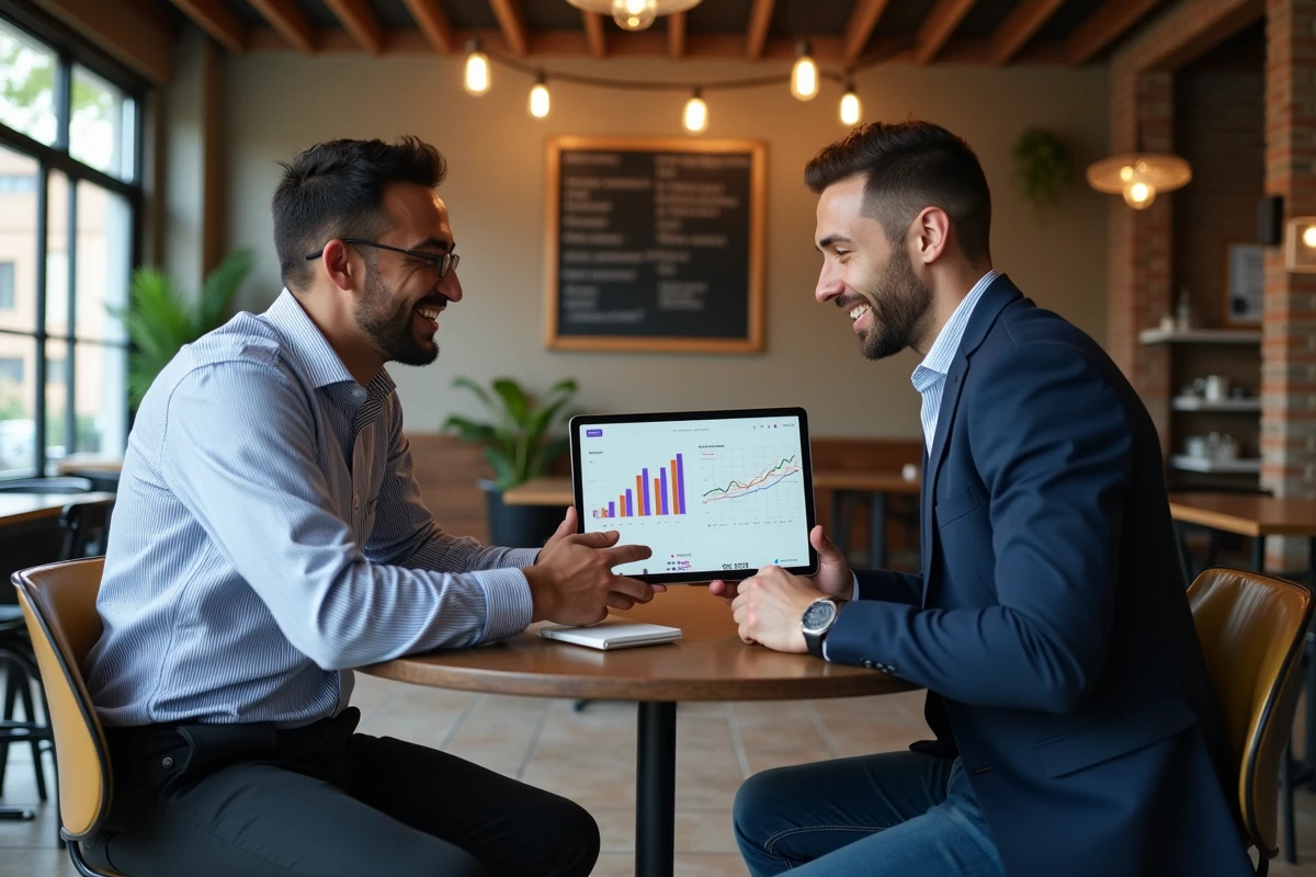 Deux associés discutant de la stratégie de leur entreprise en ligne autour d'une tablette dans un café professionnel