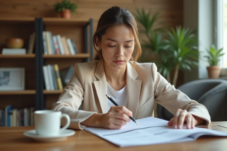 Femme consultant un contrat d'assurance automobile à son bureau à domicile