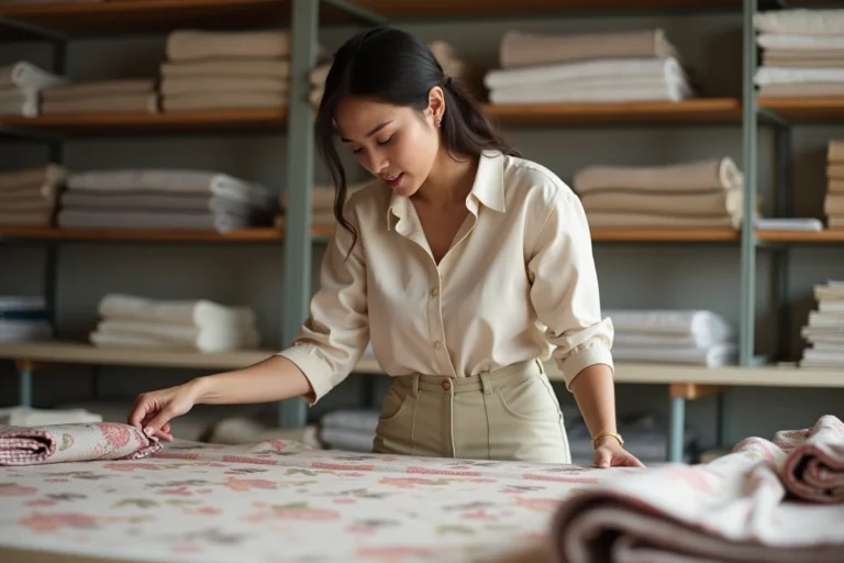 Femme en atelier de textiles sélectionnant des tissus