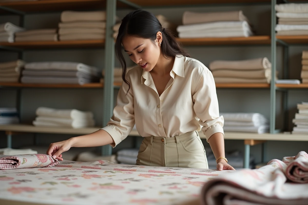Femme en atelier de textiles sélectionnant des tissus
