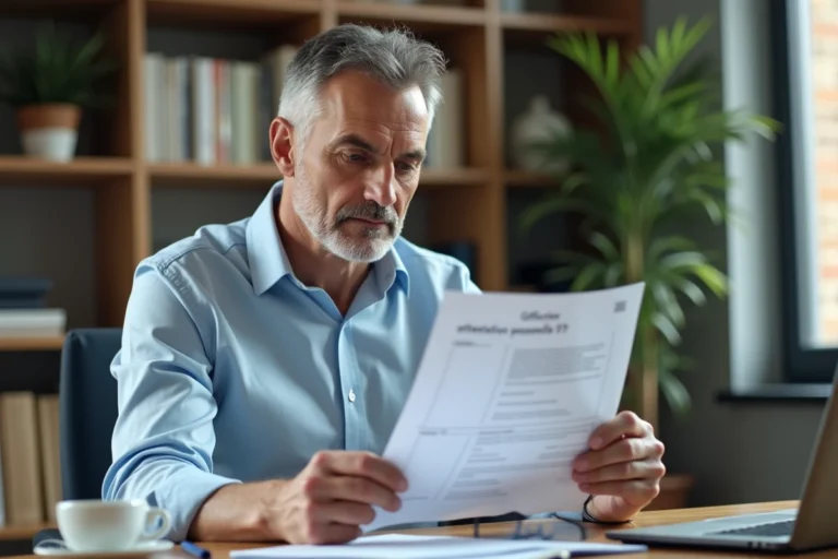 Homme consultant son attestation passerelle B78 à son bureau à domicile