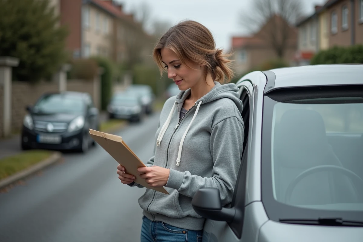 Femme tenant son document d'attestation passerelle B78 devant sa voiture dans une rue résidentielle