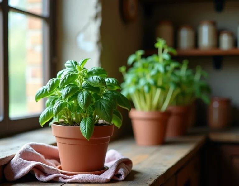 Plant de basilic en pot éloigné d'un fenouil fané sur un rebord de fenêtre en bois rustique
