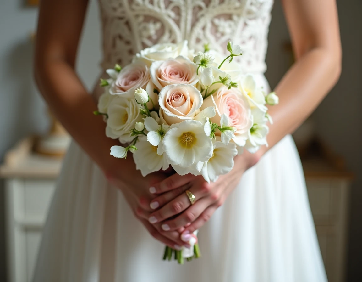 Mains de la mariée tenant un bouquet de roses et de pois de senteur en tons blanc et blush avec une robe en dentelle ivoire