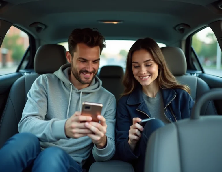 Deux covoitureurs calculant le partage des frais de trajet sur un smartphone dans une voiture
