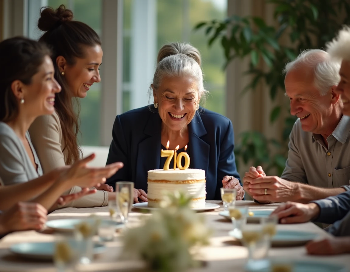 Femme de 70 ans soufflant les bougies de son gâteau d'anniversaire entourée de sa famille lors d'une fête élégante