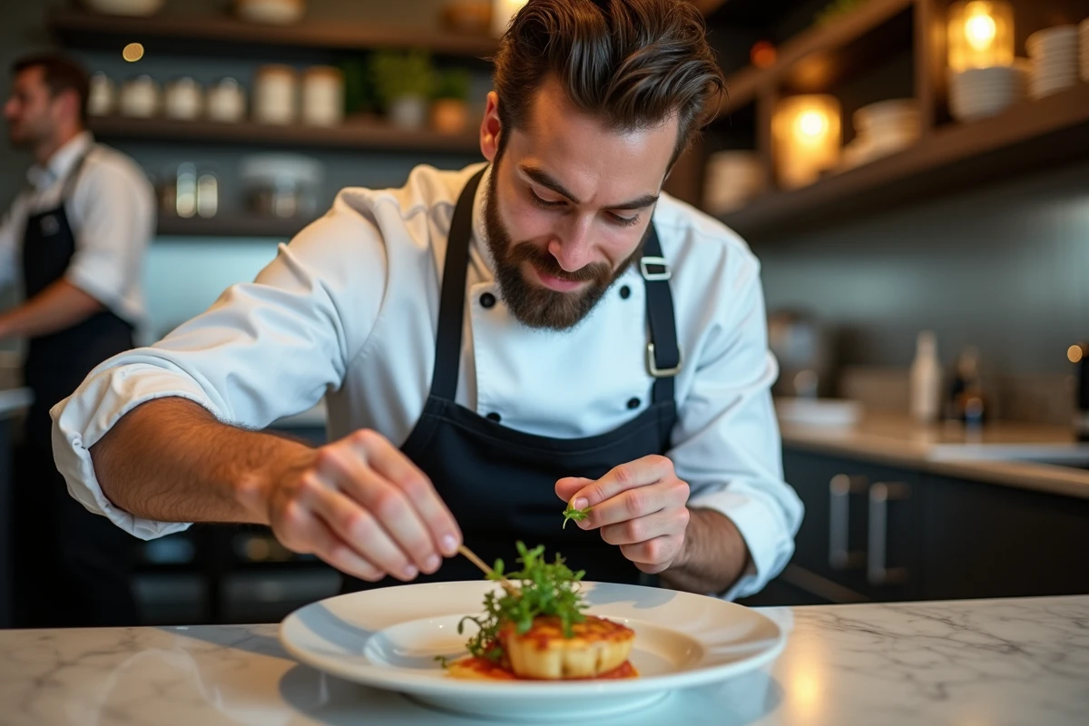 Jeune chef en veste garnissant un plat gastronomique