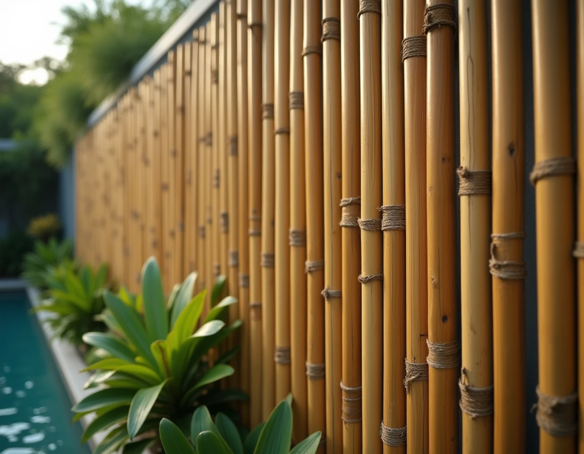 Claustra en bambou naturel installé en brise-vue le long d'un mur de piscine pour une ambiance tropicale