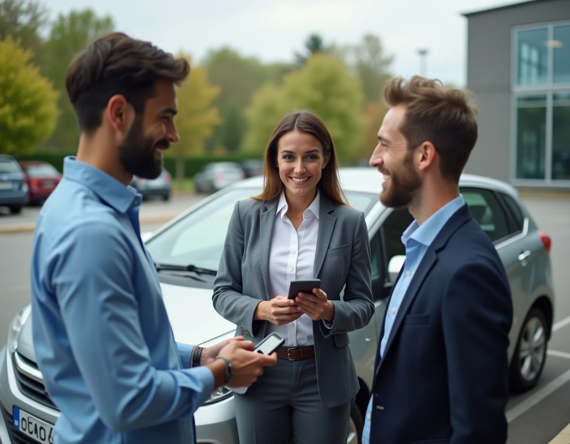 Groupe de collègues calculant le partage des frais de trajet en covoiturage devant une voiture dans un parking