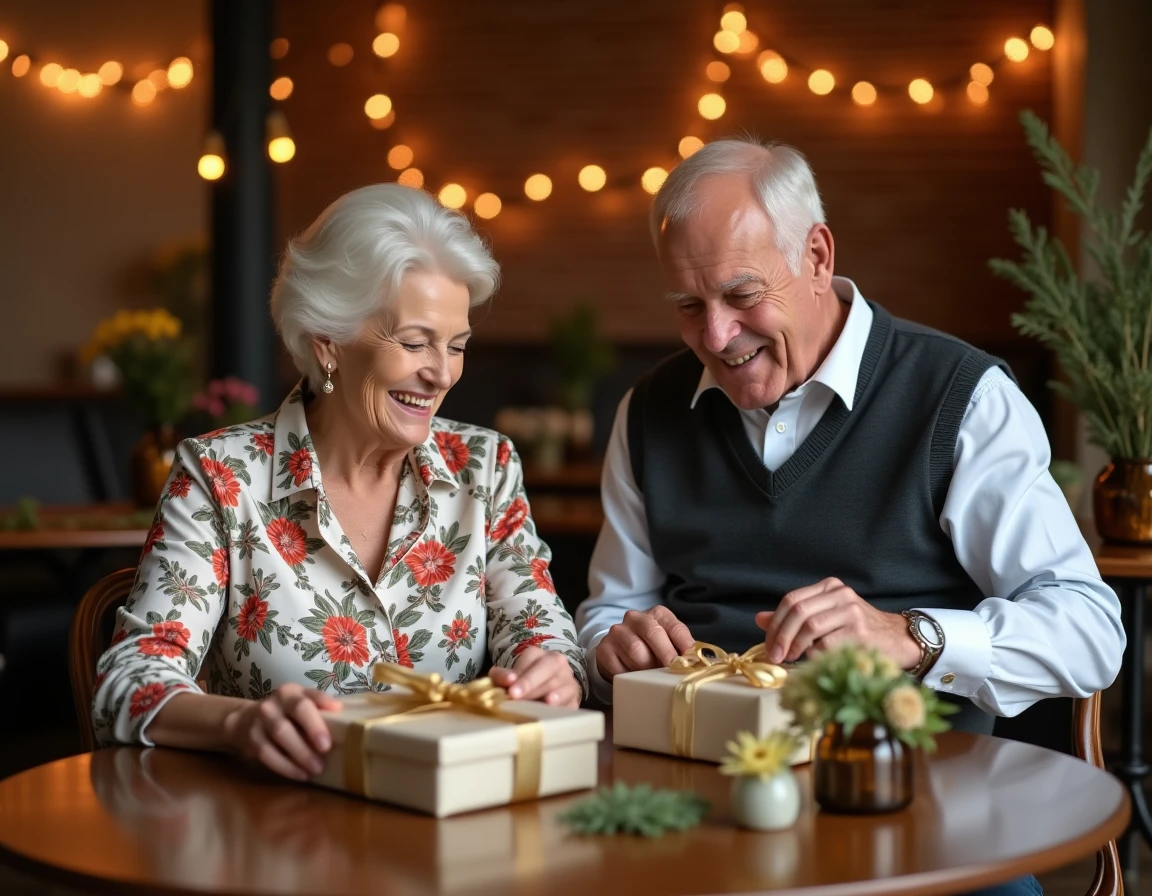 Couple de septuagénaires ouvrant des cadeaux ensemble dans une salle de restaurant décorée pour un anniversaire de 70 ans