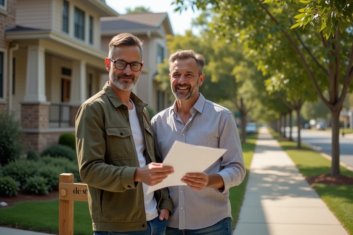 Couple devant une maison à vendre en banlieue consultant une brochure immobilière pour anticiper les prix en 2027