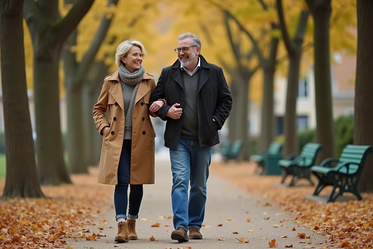 Couple souriant se promenant dans un parc en automne