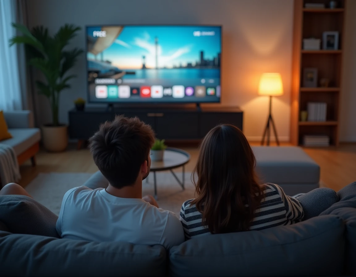 Couple regardant une application de télévision gratuite sur une Smart TV dans un appartement moderne