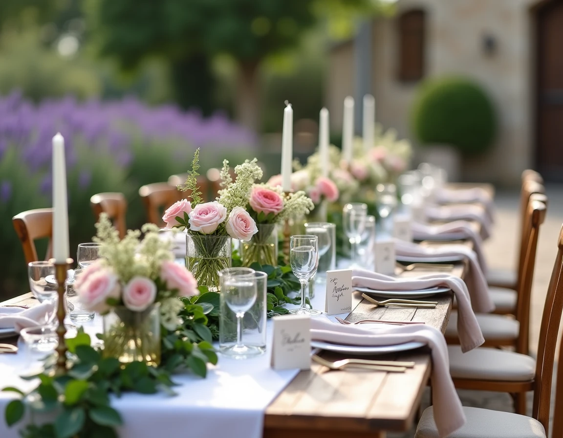 Table de réception de mariage décorée de fleurs pastel, bougies et verdure sur une terrasse en pierre d'une ferme provençale