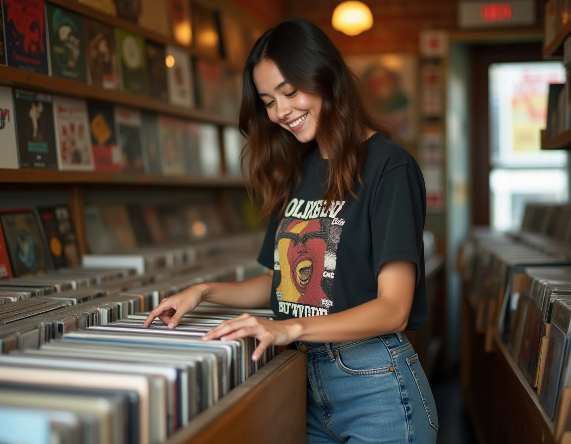 Jeune femme feuilletant des disques vinyles dans un magasin de musique indépendant vintage