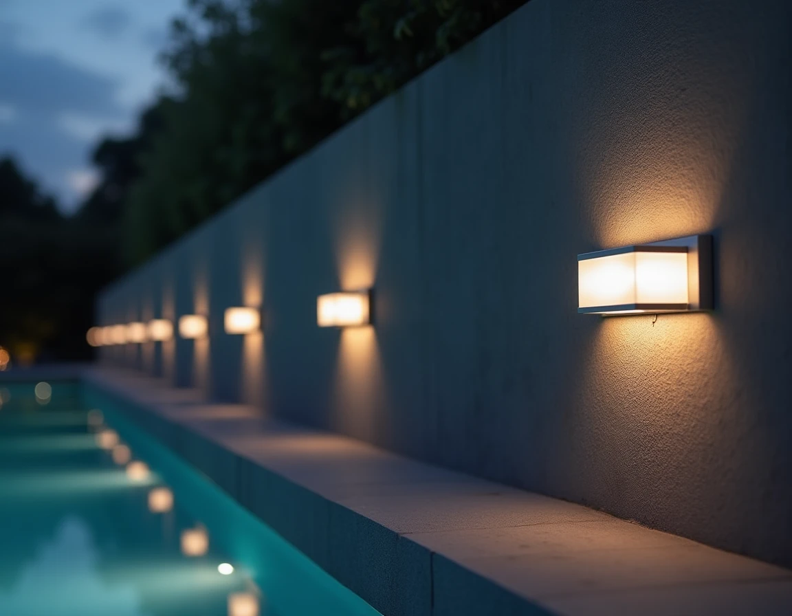 Appliques LED encastrées à intervalles réguliers dans un mur en enduit gris foncé le long d'une piscine au crépuscule