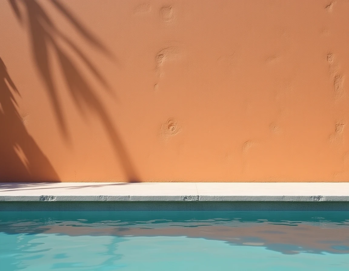 Mur en enduit taloché teinté dans la masse en ton terracotta sable le long d'une piscine extérieure