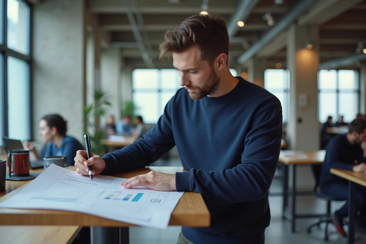 Jeune entrepreneur analysant un plan d'affaires dans un espace de coworking pour développer son activité en ligne