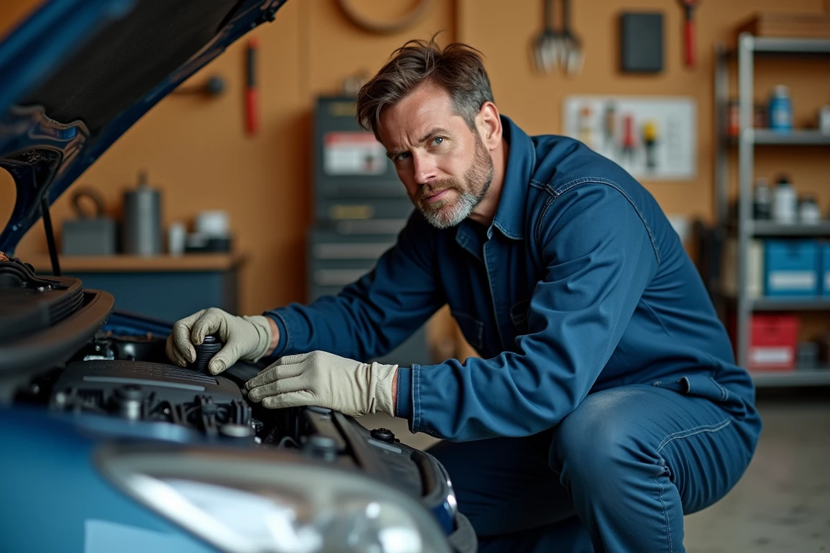 Mécanicien amateur inspectant le moteur de sa voiture dans un garage domestique bien équipé