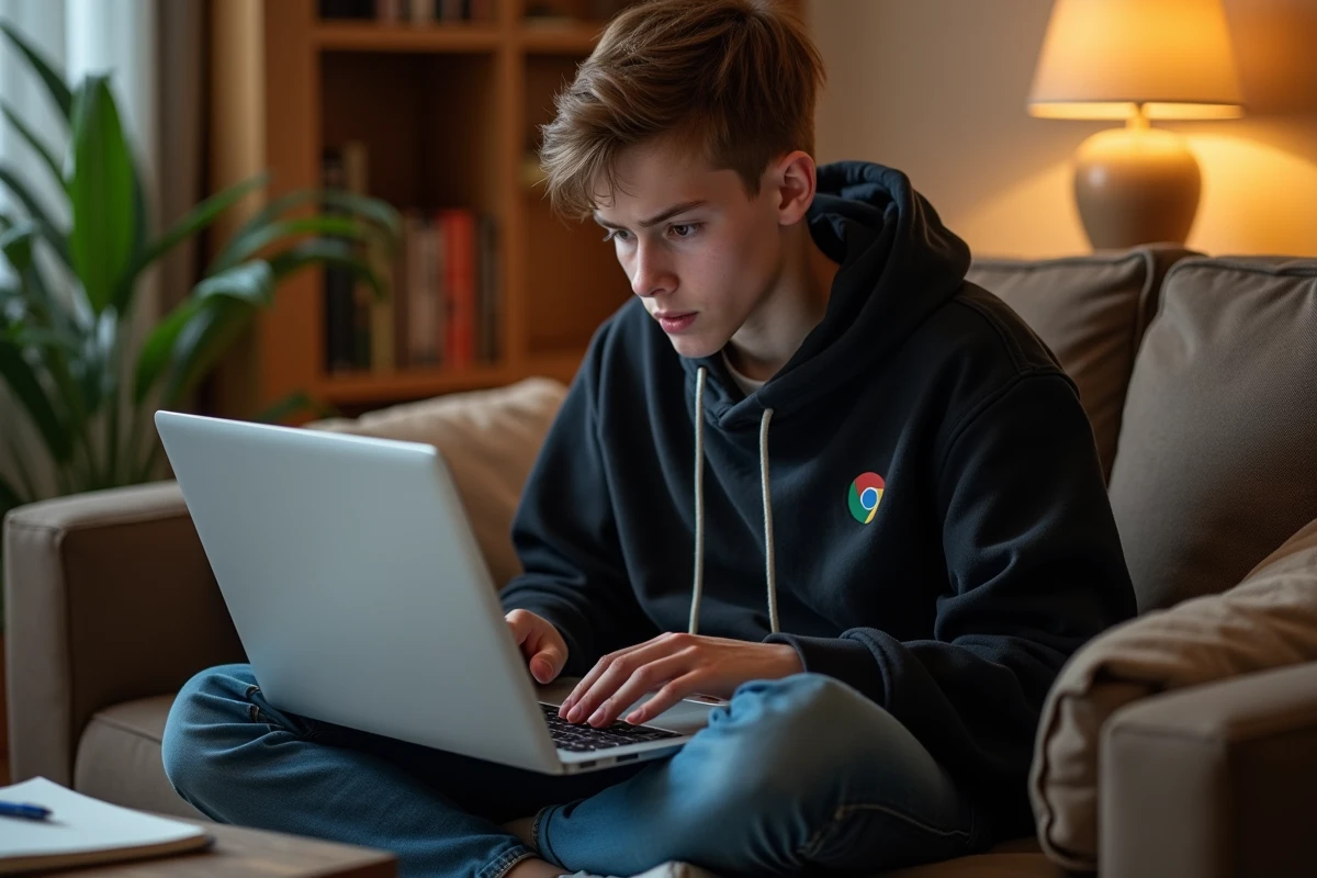 Étudiant sur un canapé regardant son laptop avec Google Chrome fermé inopinément, expression perplexe