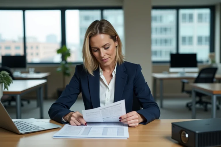 Professionnelle évaluant l'inventaire de biens professionnels dans un bureau moderne
