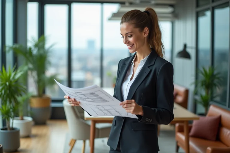 Femme confiante en blazer dans un bureau moderne
