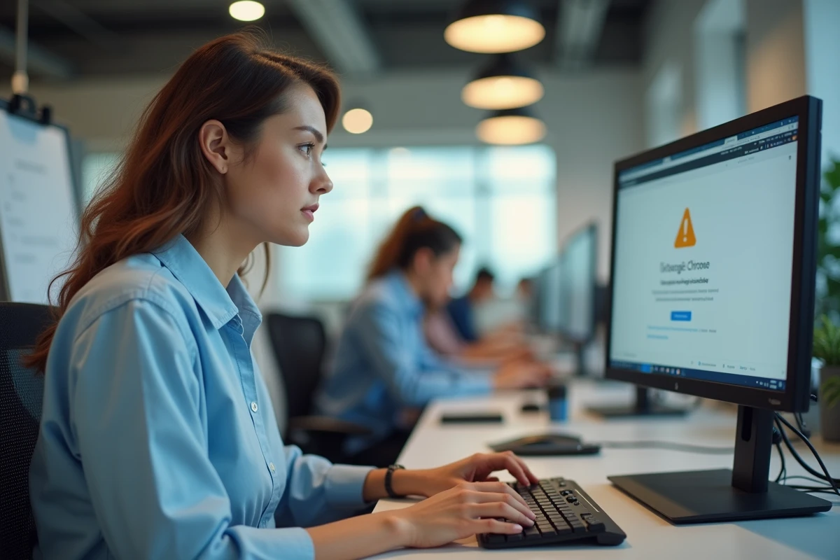 Femme en bureau open space regardant une erreur de fermeture de Google Chrome sur son ordinateur de bureau