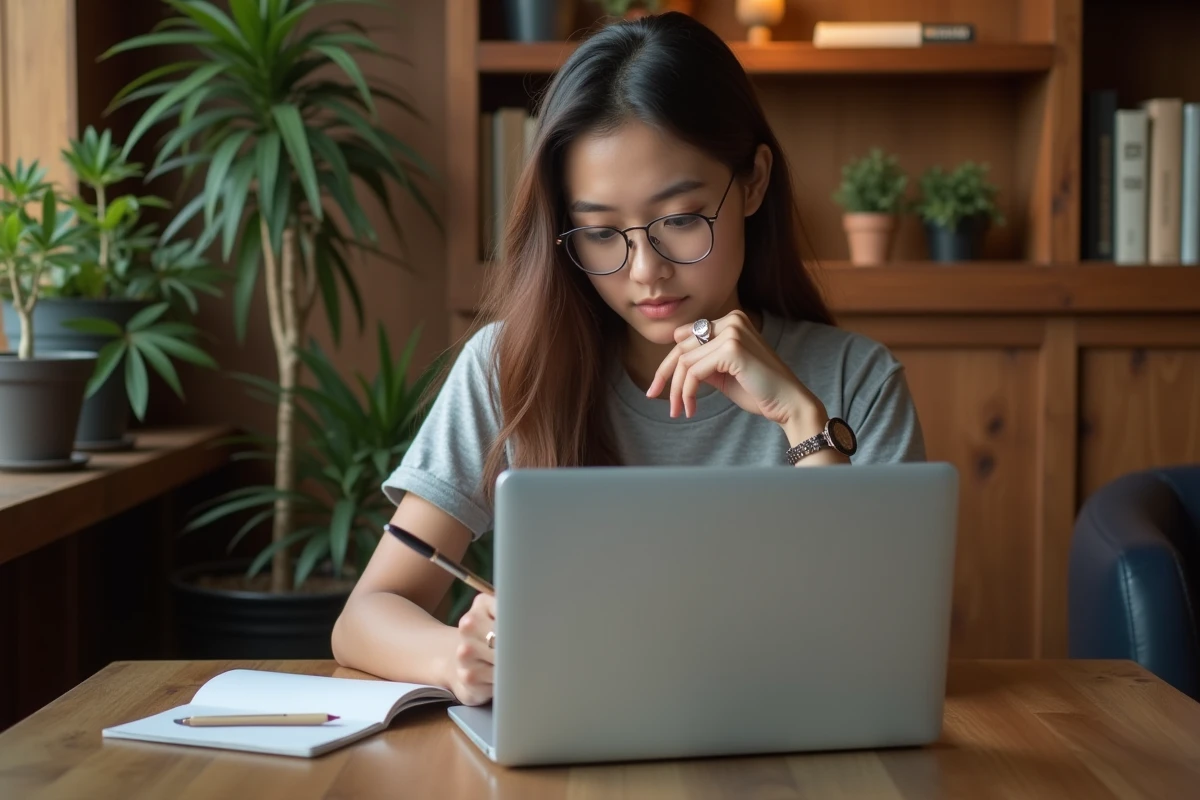 Jeune femme lisant des actualites dans un cafe cosy