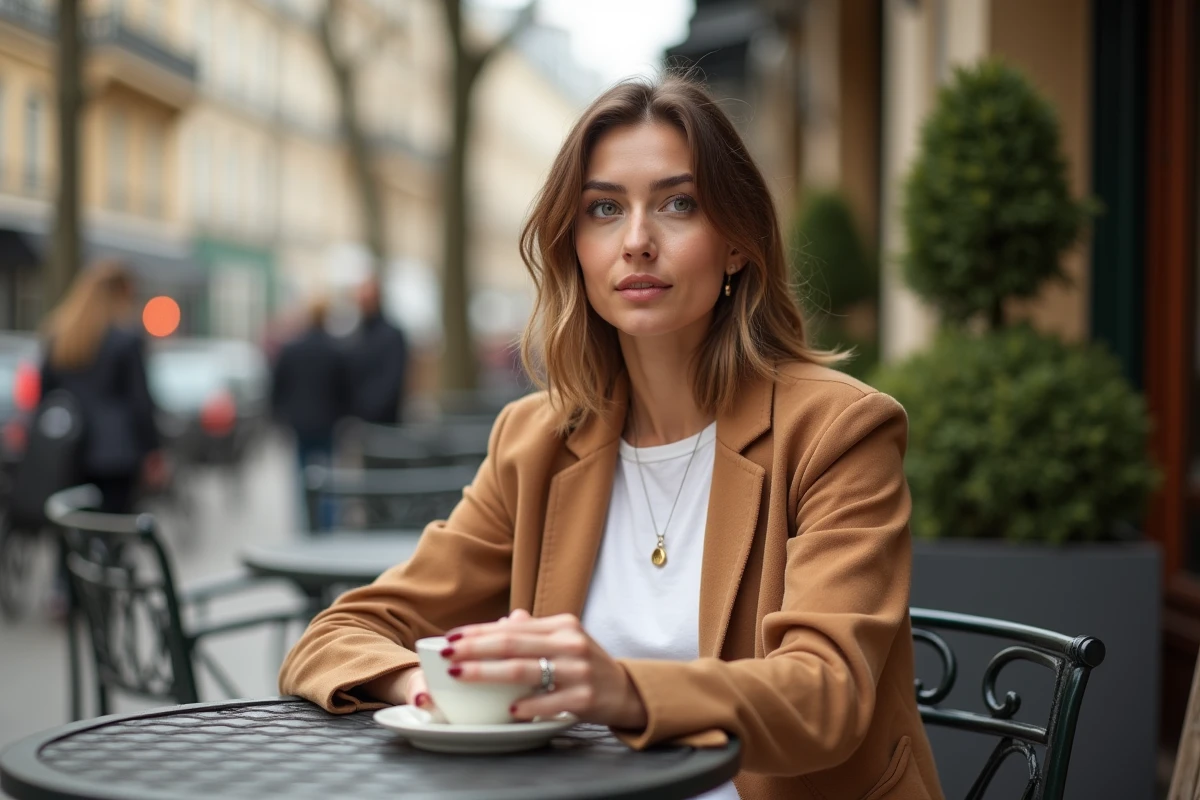 Femme attablée à la terrasse d'un café parisien, expression pensive, style photojournalisme