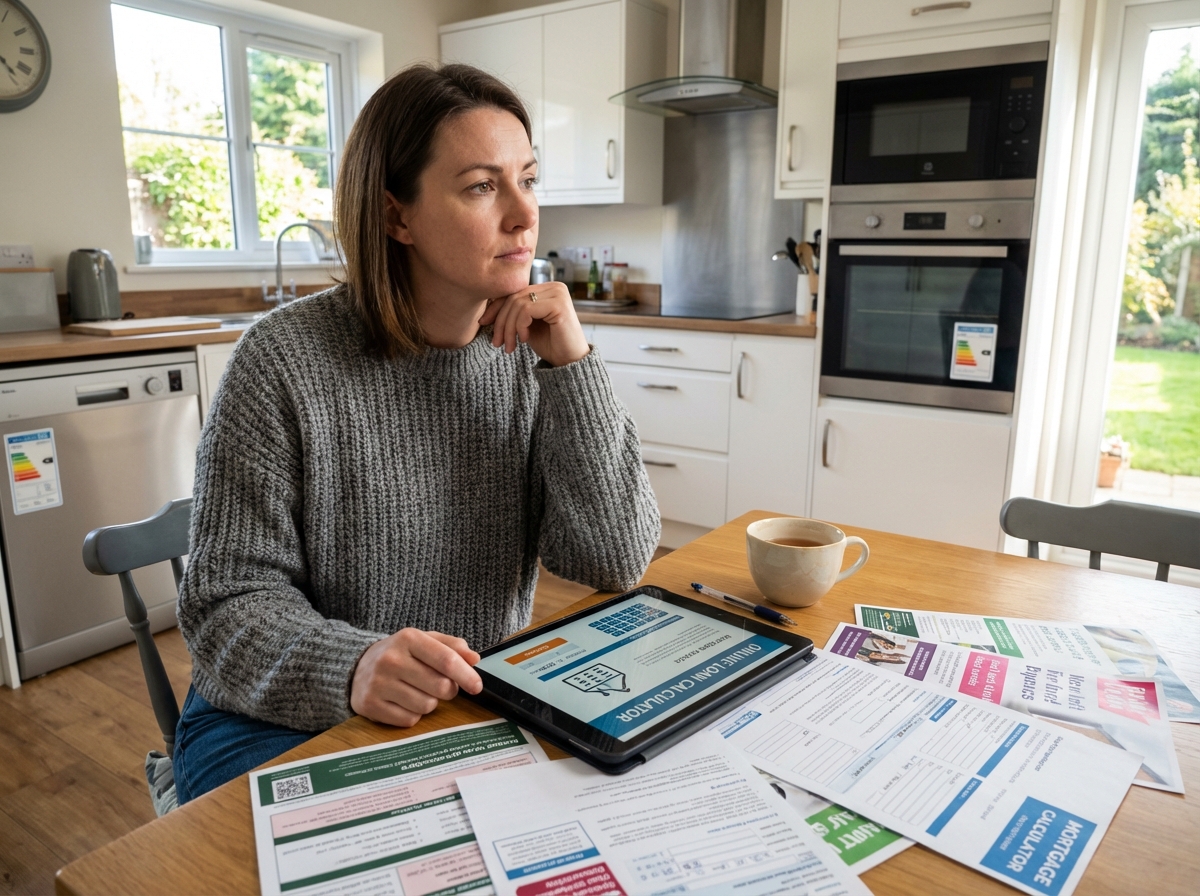 Jeune femme réfléchissant avec tablette dans la cuisine