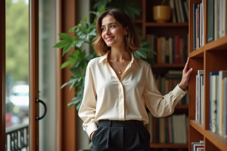 Femme élégante dans un appartement parisien, posture naturelle et décontractée, style éditorial