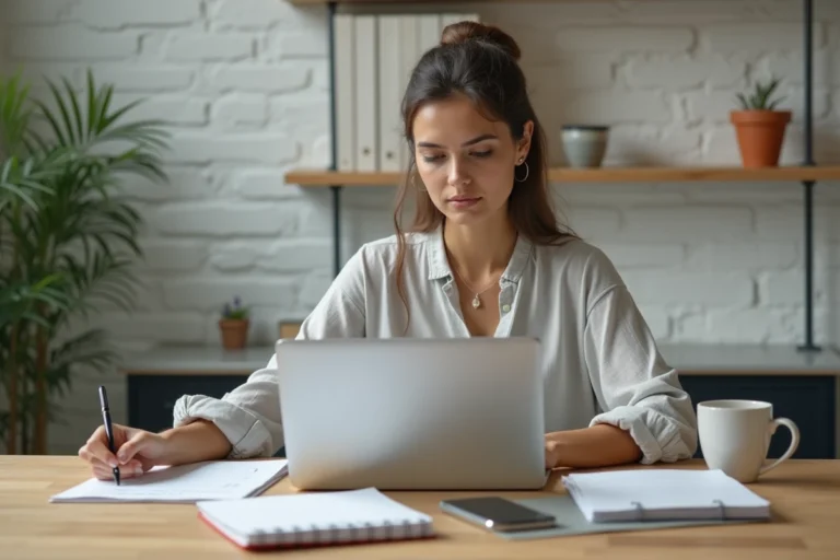 Femme entrepreneur travaillant sur son ordinateur portable dans un bureau à domicile moderne pour lancer son entreprise en ligne