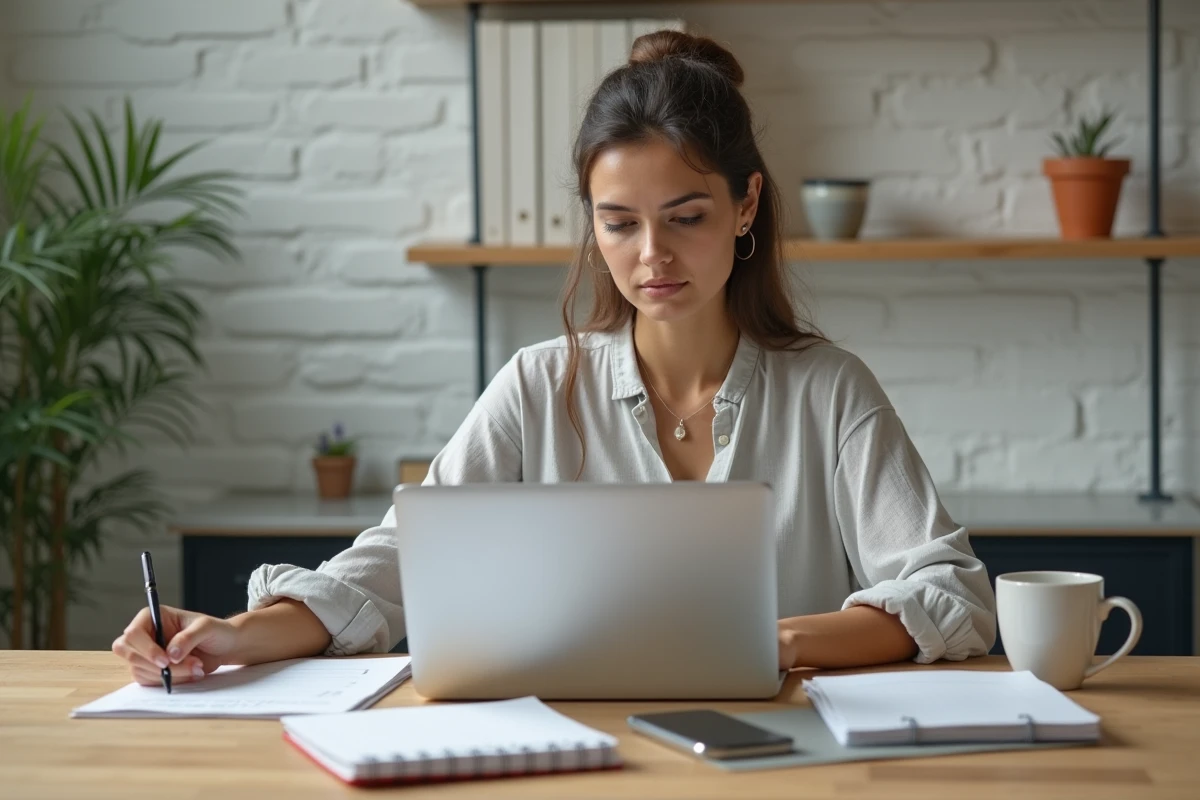 Femme entrepreneur travaillant sur son ordinateur portable dans un bureau à domicile moderne pour lancer son entreprise en ligne