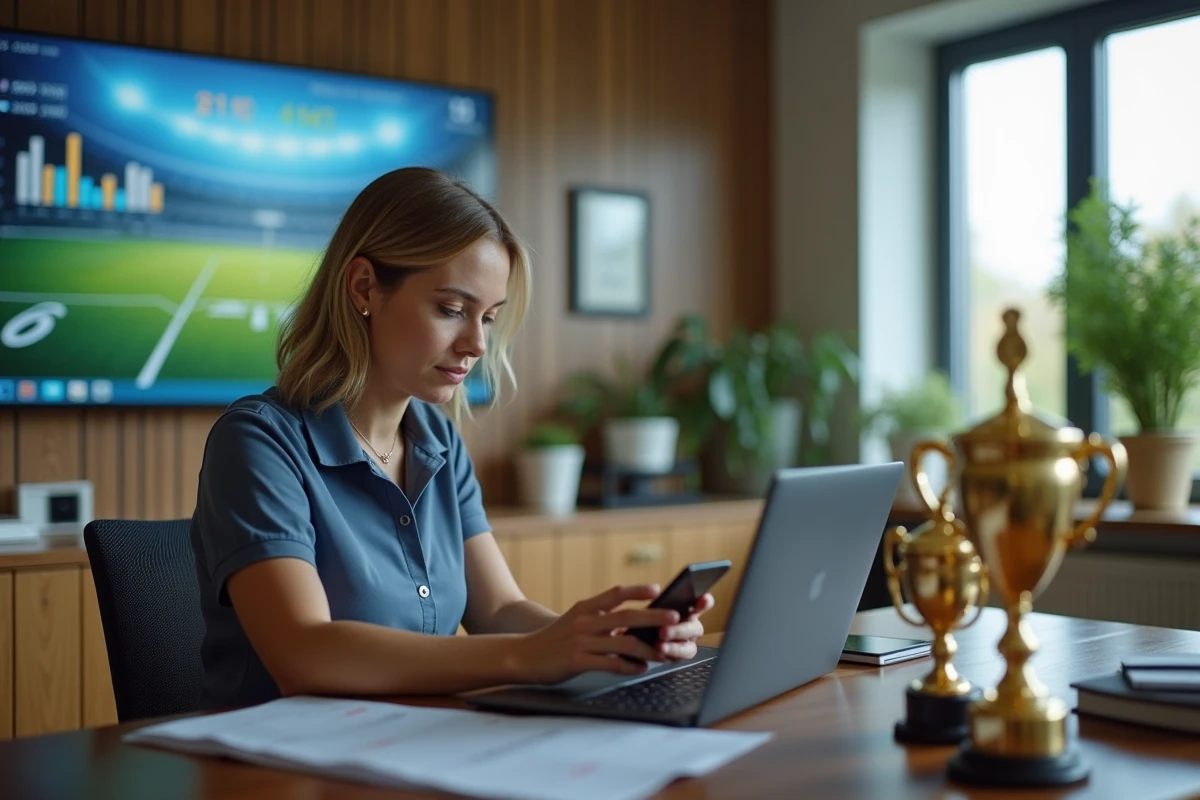 Femme gestionnaire sportive dans un bureau avec trophées et écrans