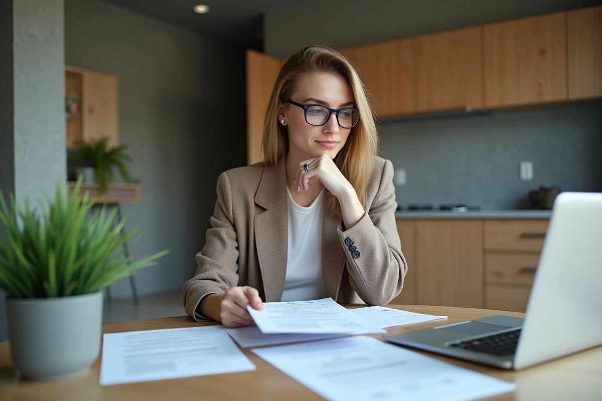 Jeune femme professionnelle examinant des documents dans une cuisine