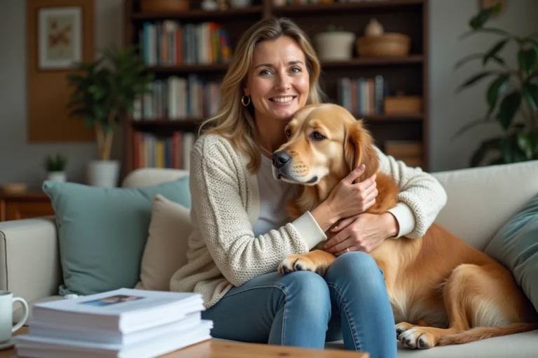 Femme tenant un chien rescue dans un salon chaleureux