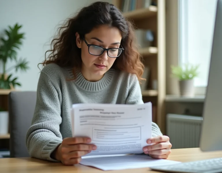 Femme consultant un relevé d'information d'assurance auto à son bureau à domicile