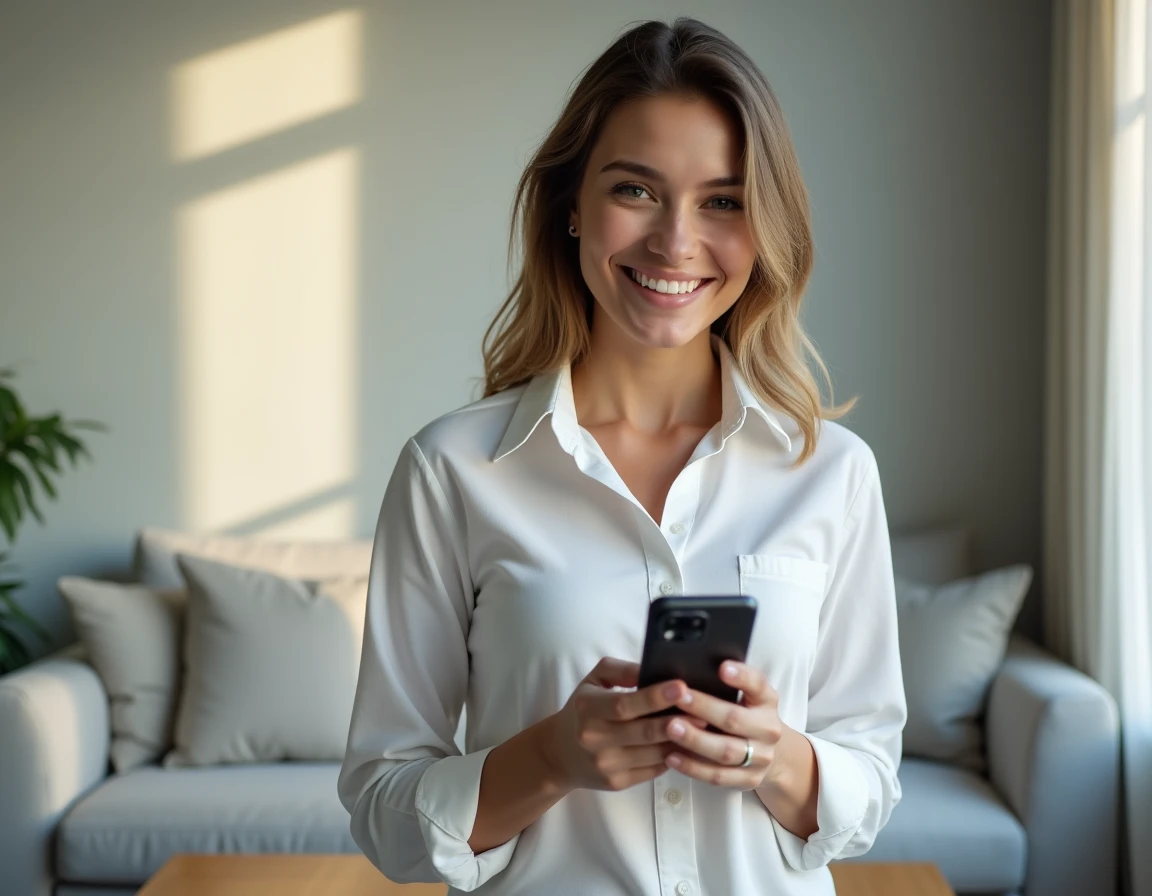 Femme consultant son relevé d'information d'assurance auto sur son smartphone dans un salon moderne