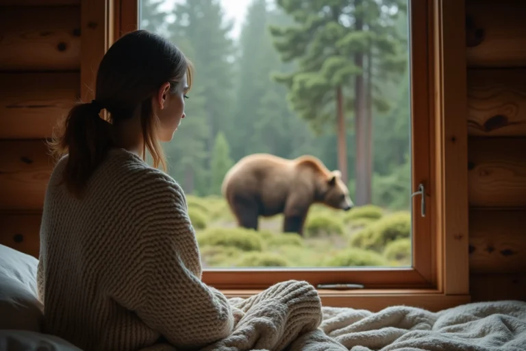 Jeune femme contemplant un ours dans la forêt