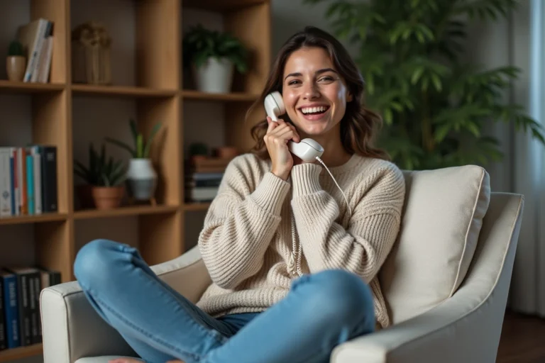 Femme assise dans un salon cosy parlant au téléphone rétro