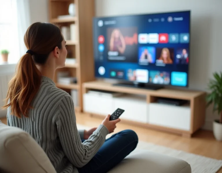 Femme regardant une application de streaming gratuite sur sa Smart TV dans un salon moderne