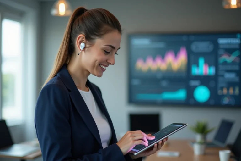 Femme en blazer interactant avec une tablette dans un bureau moderne