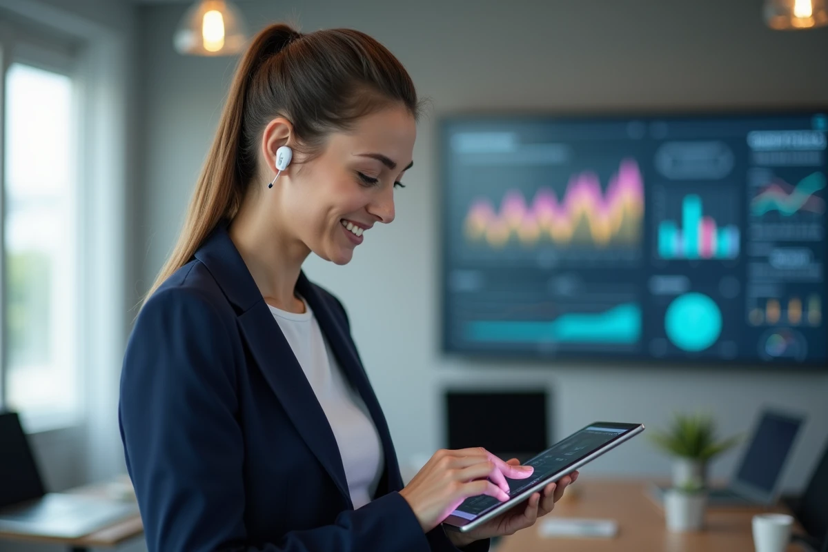 Femme en blazer interactant avec une tablette dans un bureau moderne