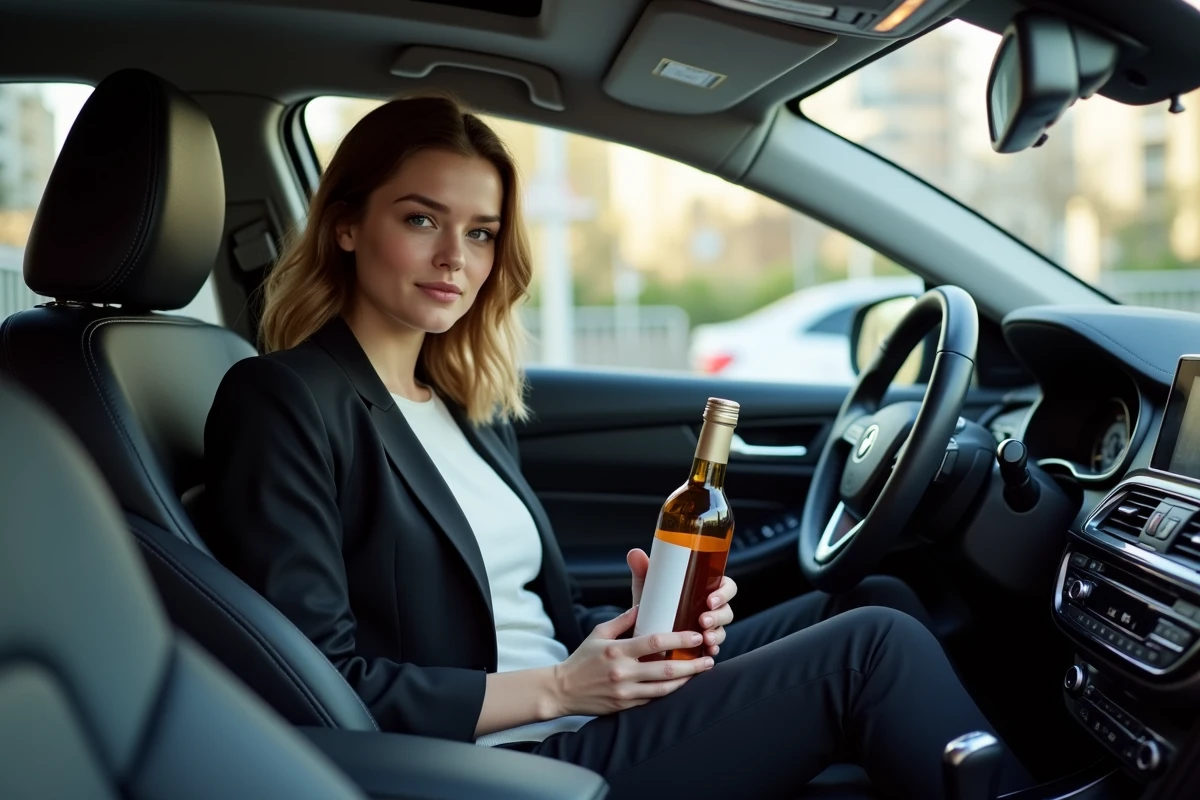 Jeune femme tenant une bouteille de vin dans la voiture